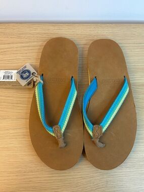 hari mari Brown Nubuck Leather Flip Flop Sandals with Blue & Yellow Straps